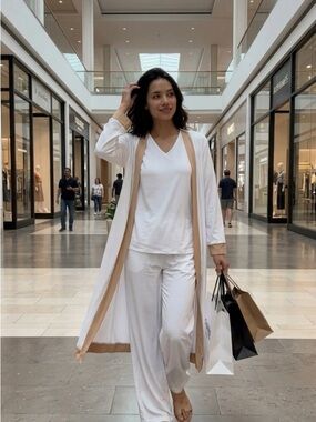 White Lounge Set with Beige Trim Robe